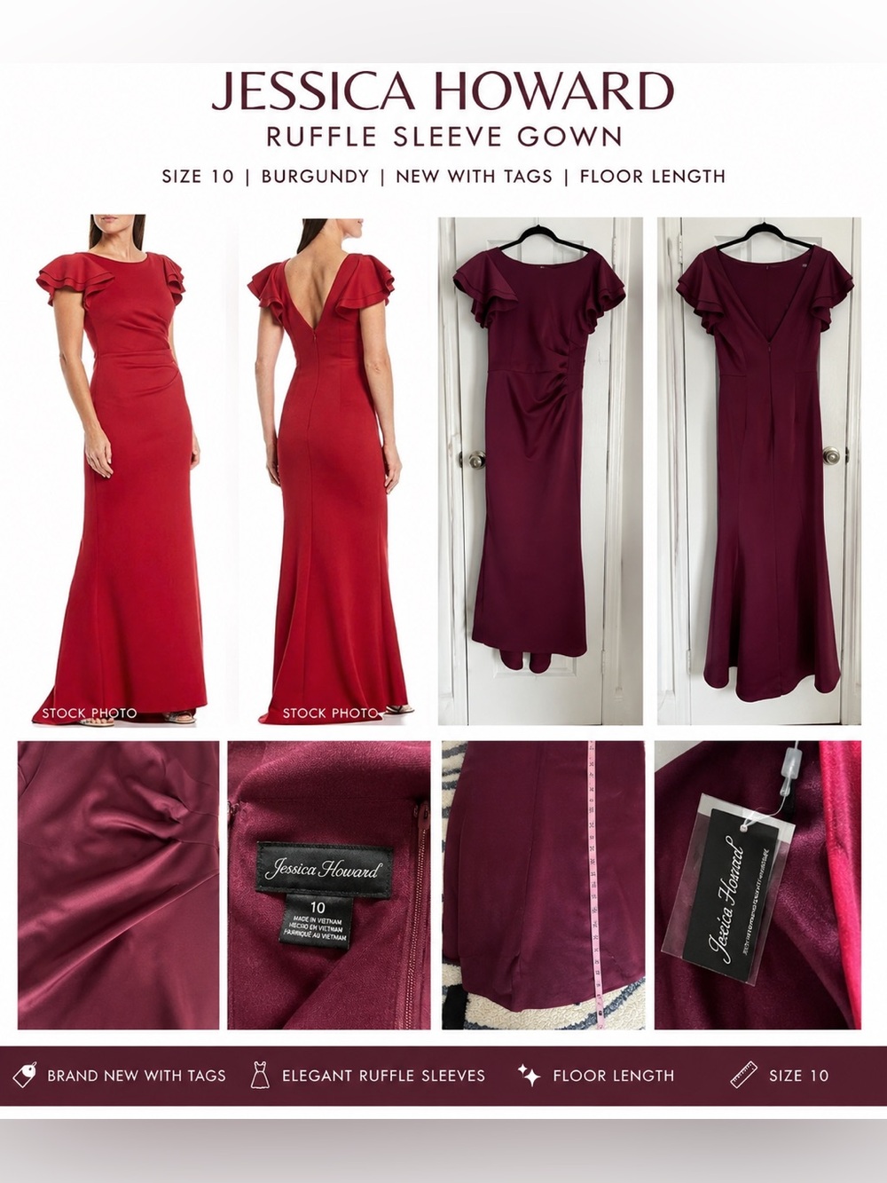 Jessica Howard Burgundy Ruffle Sleeve Formal Maxi Gown Dress Size 10